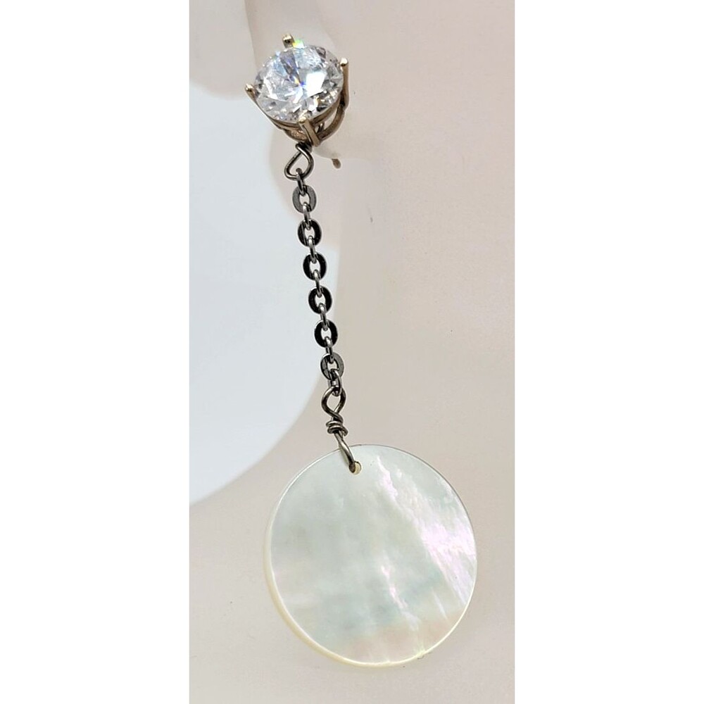 Mother of Pearl CZ Rhinestone Earrings Dangle Two Tone Metal Vintage Marked CU14